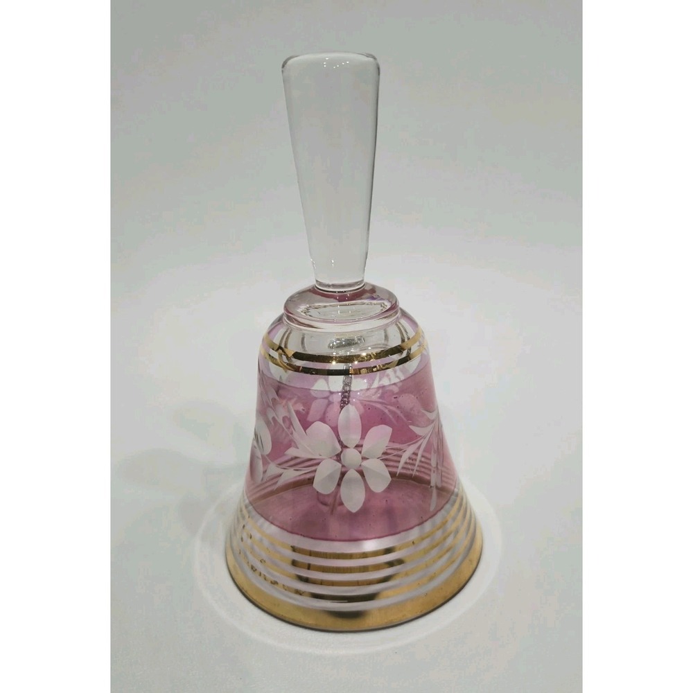 Srpska Fabrika Stakla Cranberry Red Gold Leaf Crystal Bell Serbia 5.75"